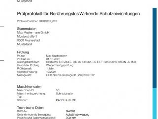 Prüfprotokoll Nachlaufmessung - Nachlaufmessgerät Safetyman DT2 Meister Autmation GmbH aus Wertheim am Main 